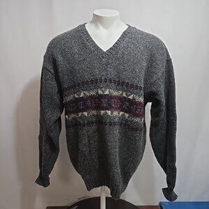 VTG Eddie Bauer V-Neck Sweater Mens Size Large Tall Wool Blend Gray Fairisle USA